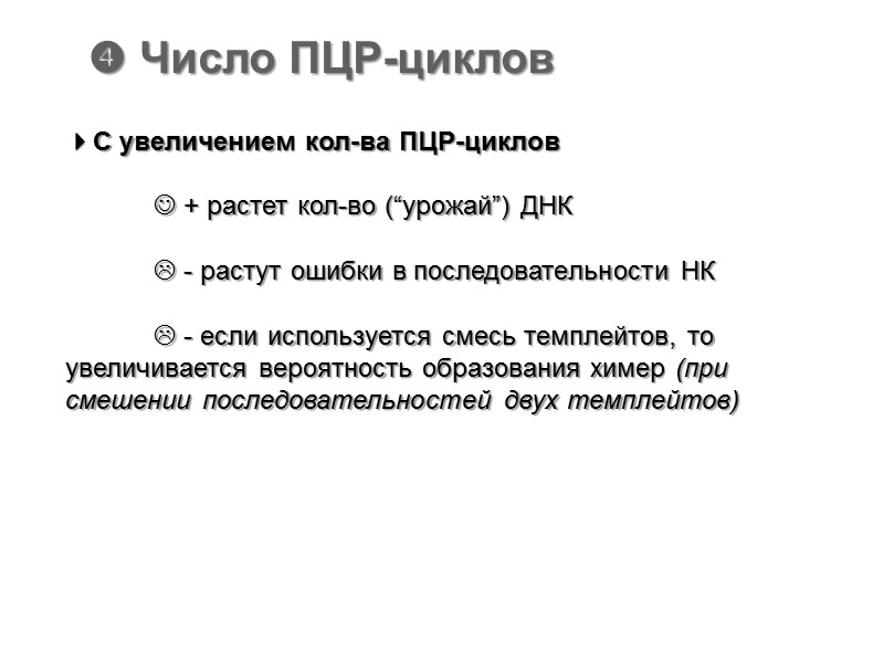  Число ПЦР-циклов С увеличением кол-ва ПЦР-циклов    + растет кол-во (“урожай”)